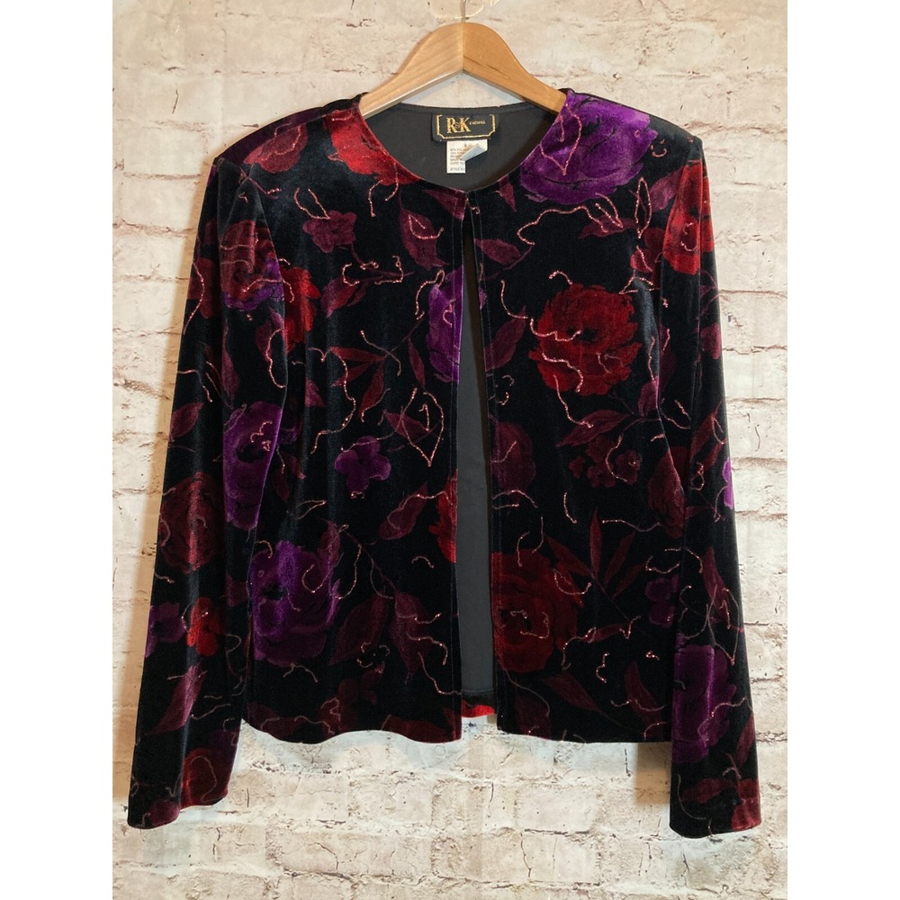 R&K Evening Top Womens 8 Dark Purple Florals Velvet Open Front Glitter Coverlet‎
